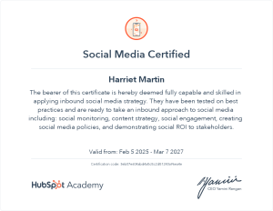 Social Media Marketing certificate Harriet Martin